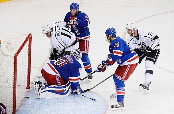 Anze Kopitar scoring chance on Henrik Lundqvist in Stanley Cup Final Game 4.